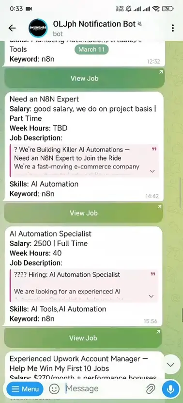 Track Gigs interface showing Onlinejobs.ph job alerts being routed to third-party apps.