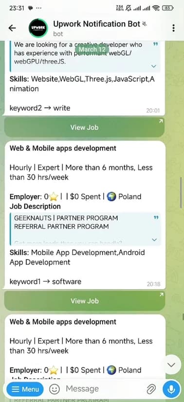 Track Gigs Upwork job alerts appearing on Telegram